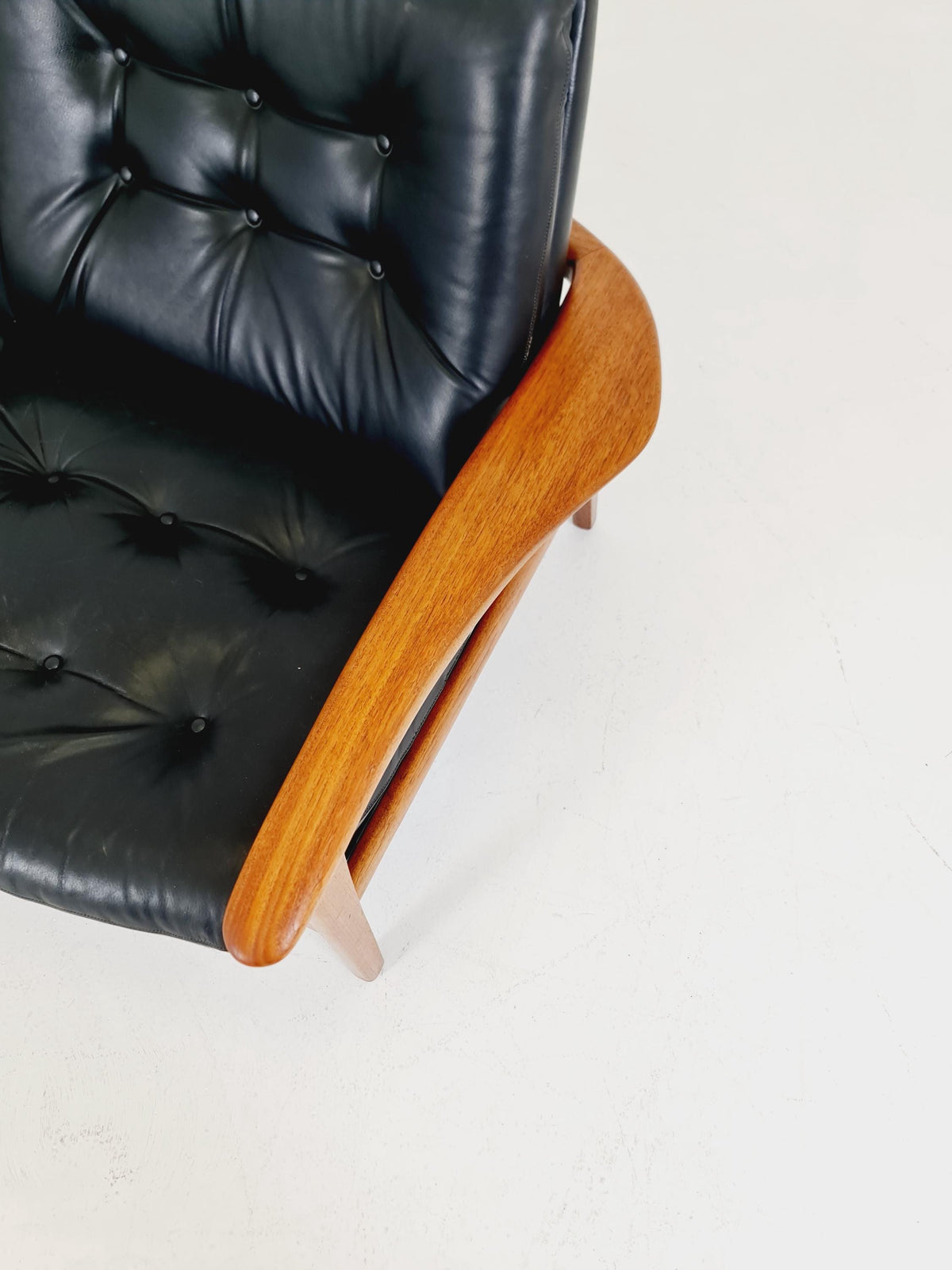 Rare Vintage Mid-Century Modern Teak & Black Leather 3-Seater Sofa