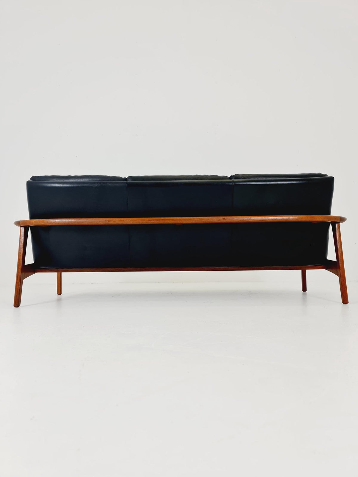 Rare Vintage Mid-Century Modern Teak & Black Leather 3-Seater Sofa