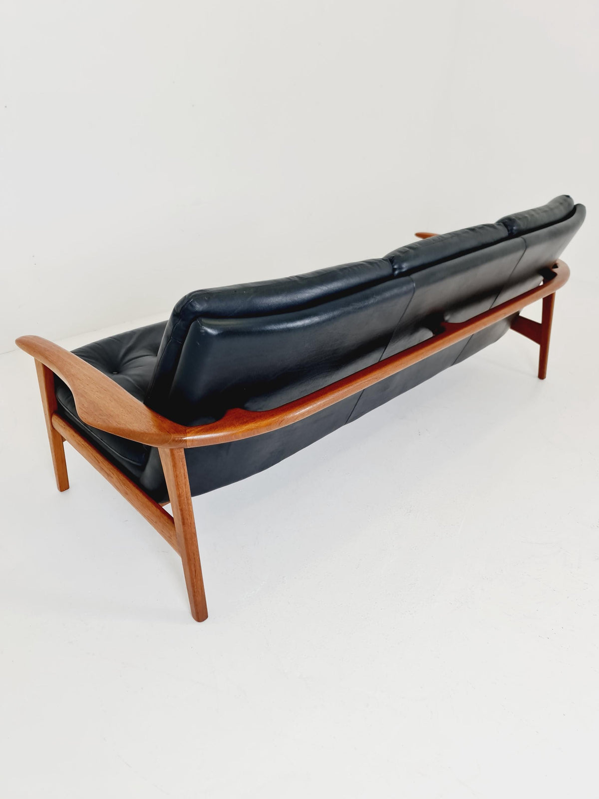 Rare Vintage Mid-Century Modern Teak & Black Leather 3-Seater Sofa