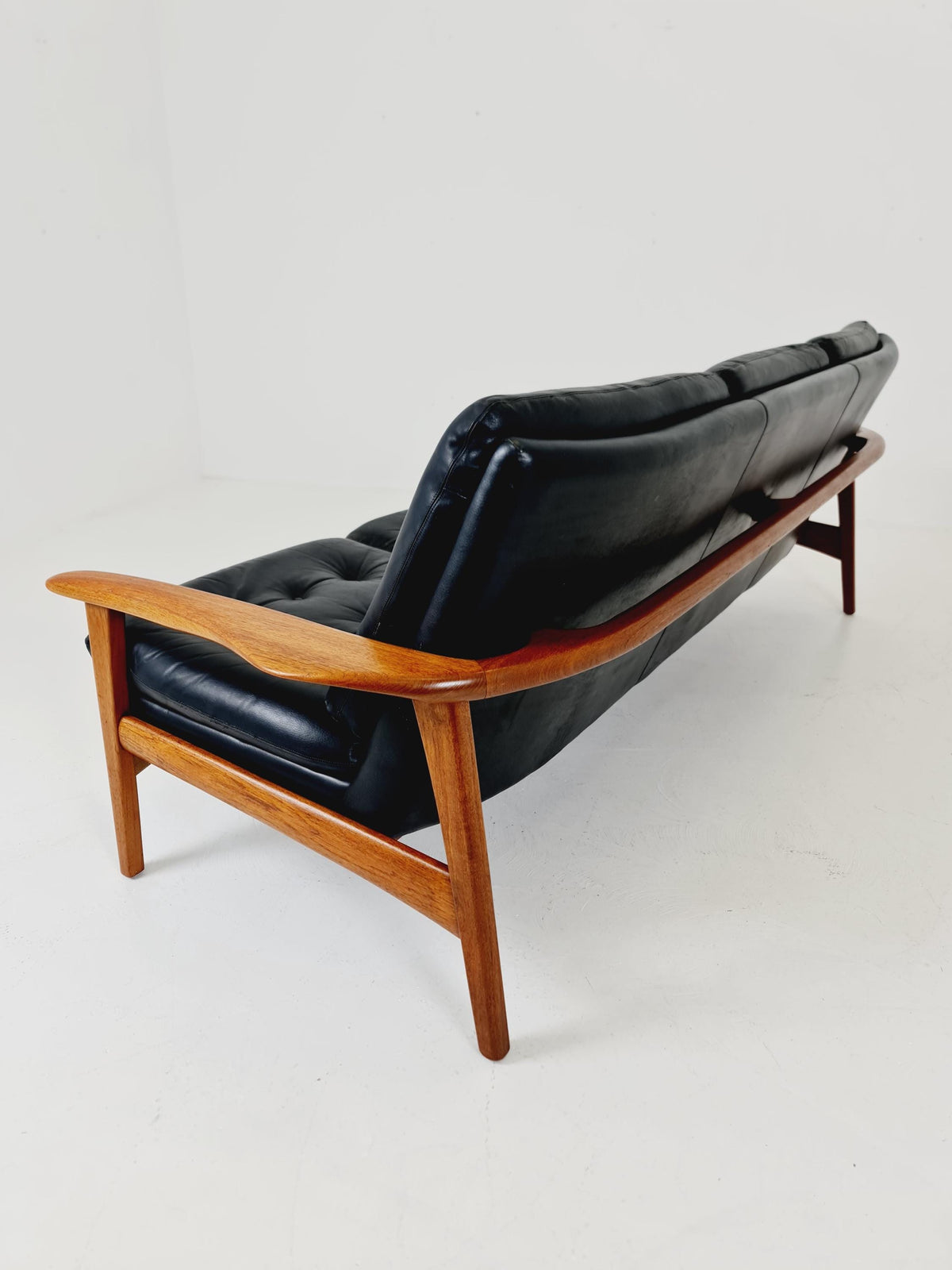 Rare Vintage Mid-Century Modern Teak & Black Leather 3-Seater Sofa