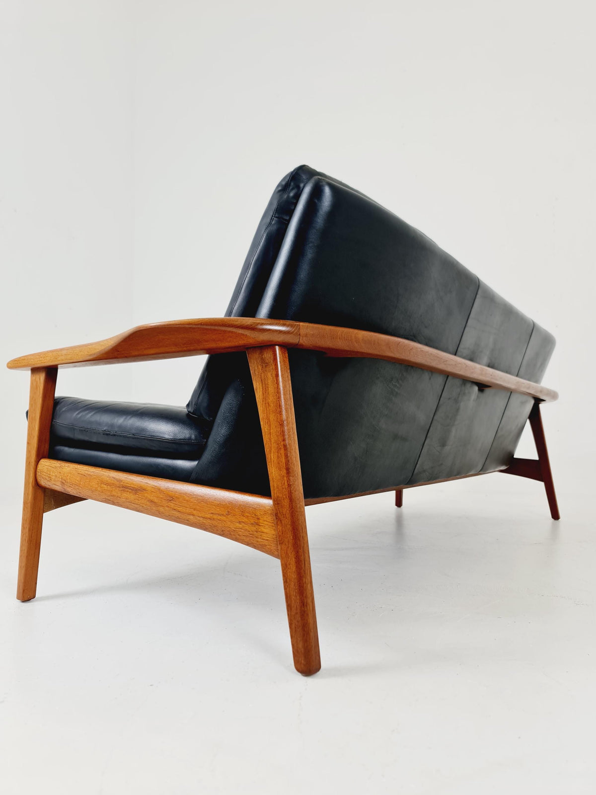 Rare Vintage Mid-Century Modern Teak & Black Leather 3-Seater Sofa