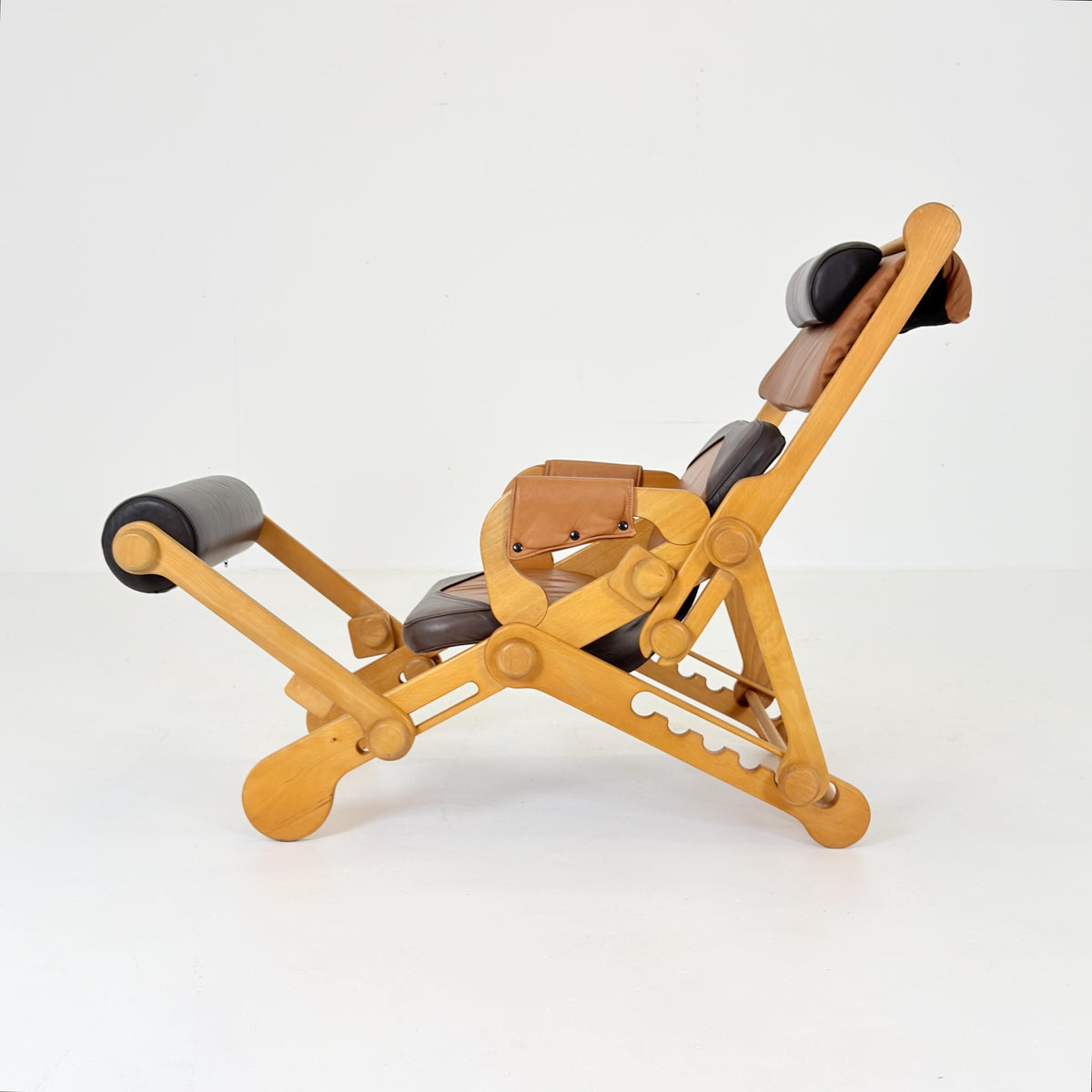 Rare Mid century Adjustable Reclining Lounge Chair – Leather & Beech Wood – IENA Award Label 1970s German