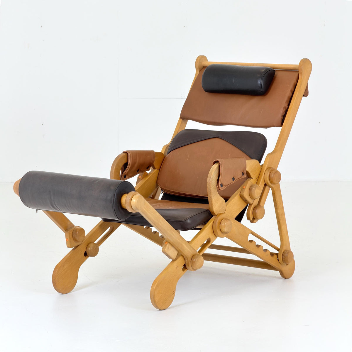 Rare Mid century Adjustable Reclining Lounge Chair – Leather & Beech Wood – IENA Award Label 1970s German