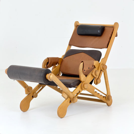 Rare Mid century Adjustable Reclining Lounge Chair – Leather & Beech Wood – IENA Award Label 1970s German