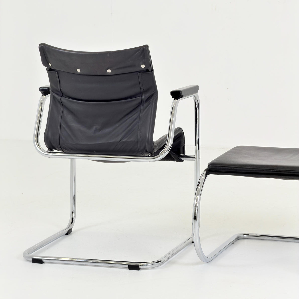 Mid Century Bauhaus Leather Armchair & Ottoman Set | 1980s Italy