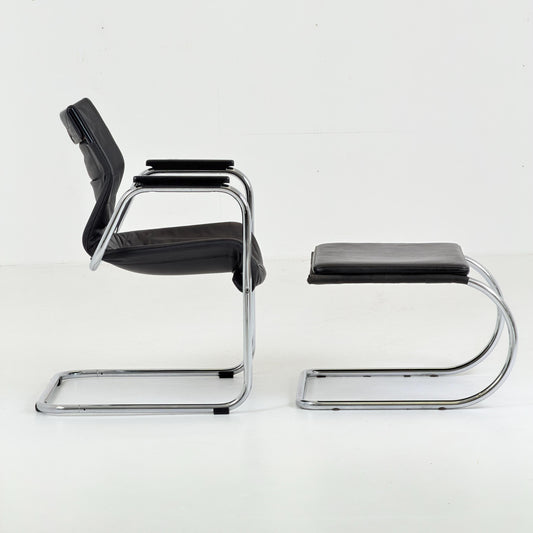 Mid Century Bauhaus Leather Armchair & Ottoman Set | 1980s Italy