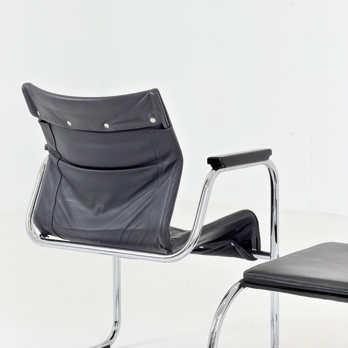 Mid Century Bauhaus Leather Armchair & Ottoman Set | 1980s Italy
