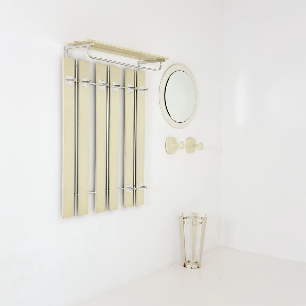 Mid Century Wall Wardrobe & Mirror Set, Entryway Coat Rack, Chrome - White Wood, Vintage Hallway Set, Umbrella Stand 1970s Germany