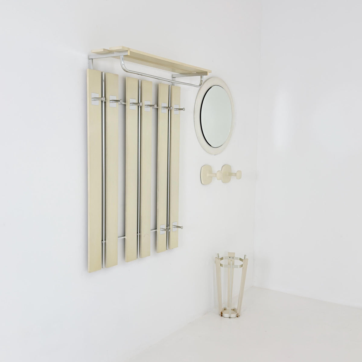 Mid Century Wall Wardrobe & Mirror Set, Entryway Coat Rack, Chrome - White Wood, Vintage Hallway Set, Umbrella Stand 1970s Germany