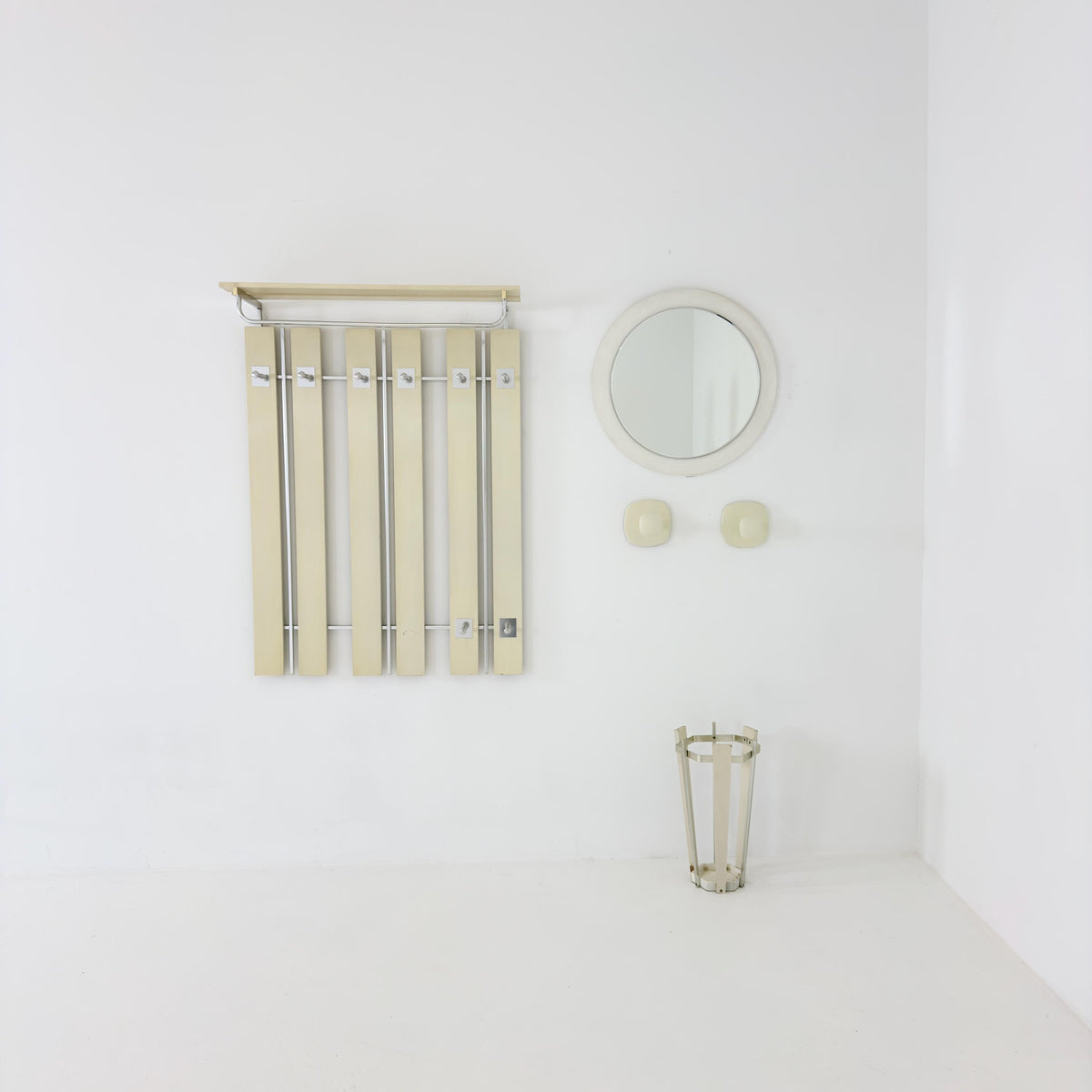 Mid Century Wall Wardrobe & Mirror Set, Entryway Coat Rack, Chrome - White Wood, Vintage Hallway Set, Umbrella Stand 1970s Germany