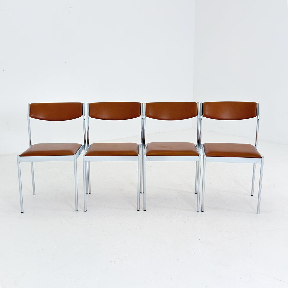Set of 4 Mid Century Bauhaus Dining Chairs, Cognac Leather & Chrome, German 1980s,