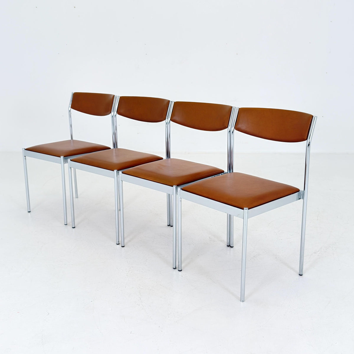 Set of 4 Mid Century Bauhaus Dining Chairs, Cognac Leather & Chrome, German 1980s,