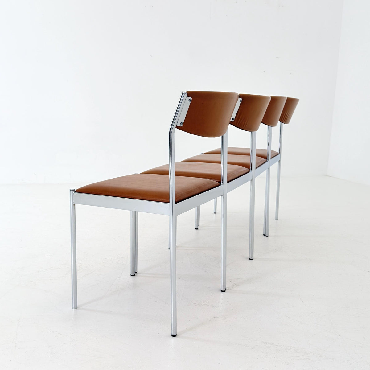 Set of 4 Mid Century Bauhaus Dining Chairs, Cognac Leather & Chrome, German 1980s,
