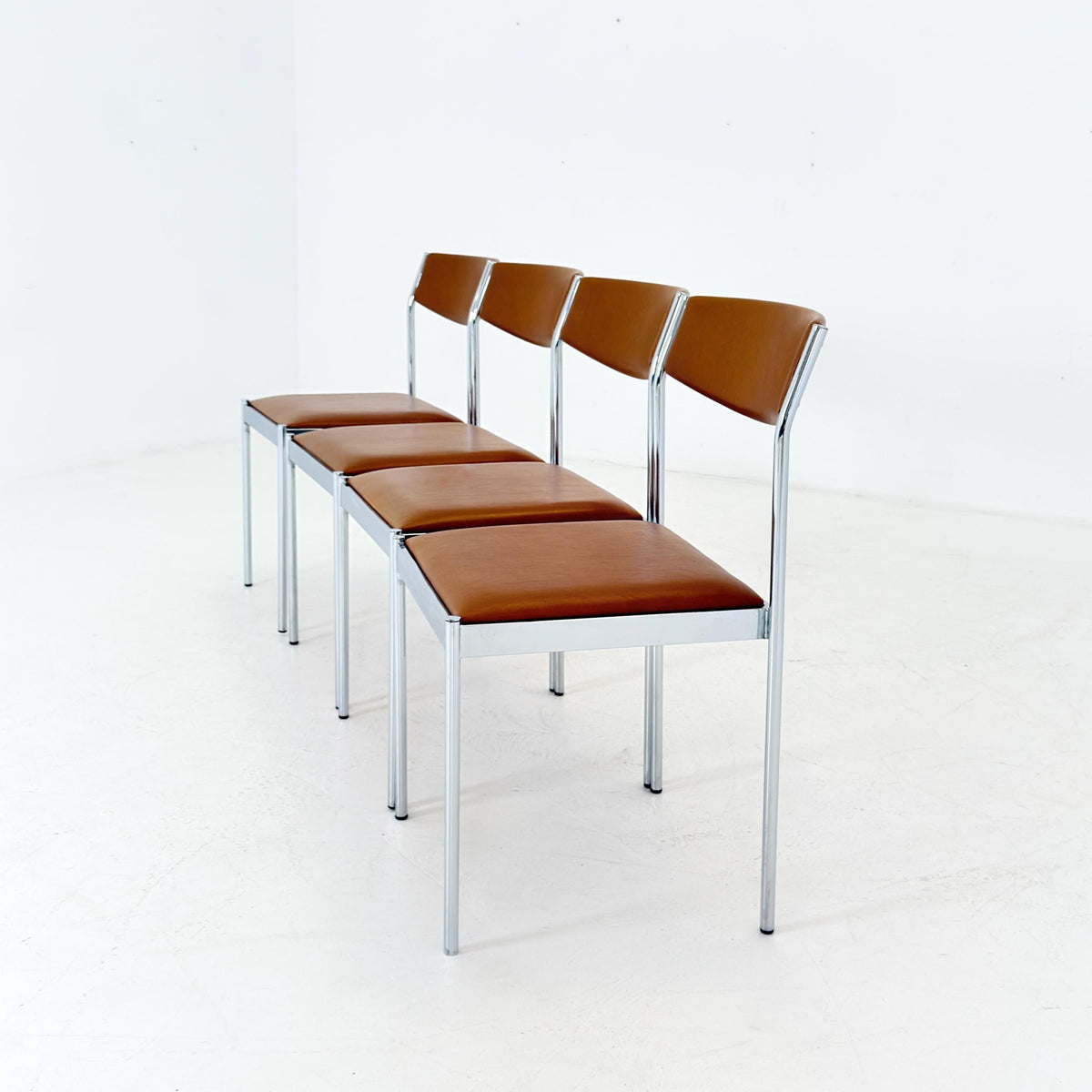 Set of 4 Mid Century Bauhaus Dining Chairs, Cognac Leather & Chrome, German 1980s,
