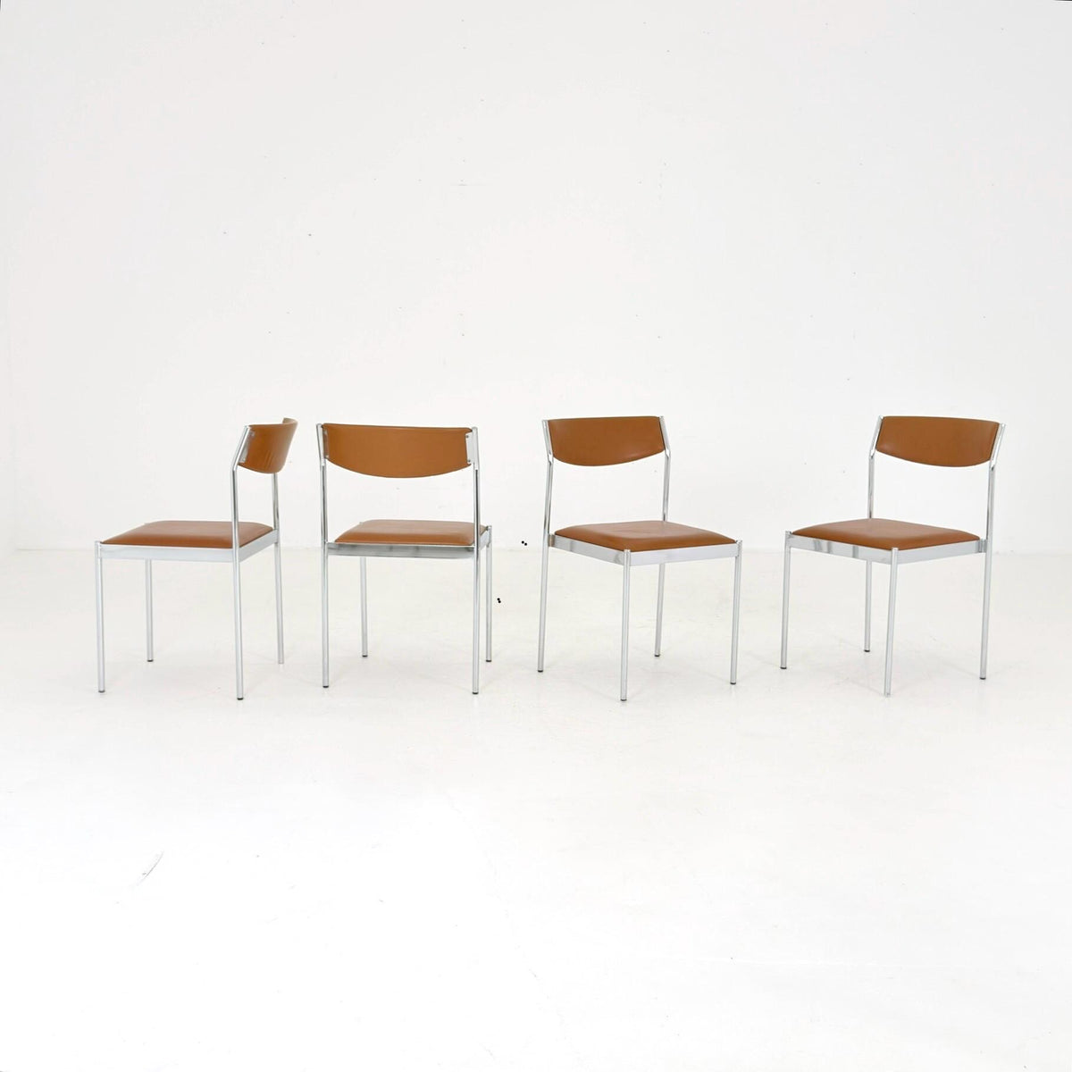 Set of 4 Mid Century Bauhaus Dining Chairs, Cognac Leather & Chrome, German 1980s,