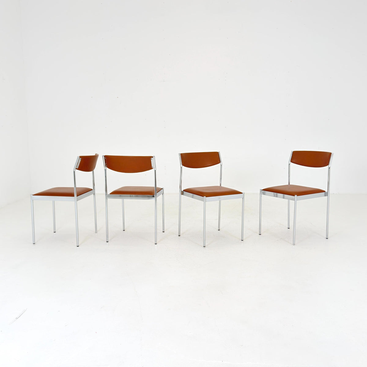 Set of 4 Mid Century Bauhaus Dining Chairs, Cognac Leather & Chrome, German 1980s,