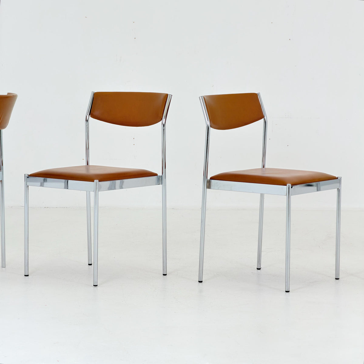 Set of 4 Mid Century Bauhaus Dining Chairs, Cognac Leather & Chrome, German 1980s,