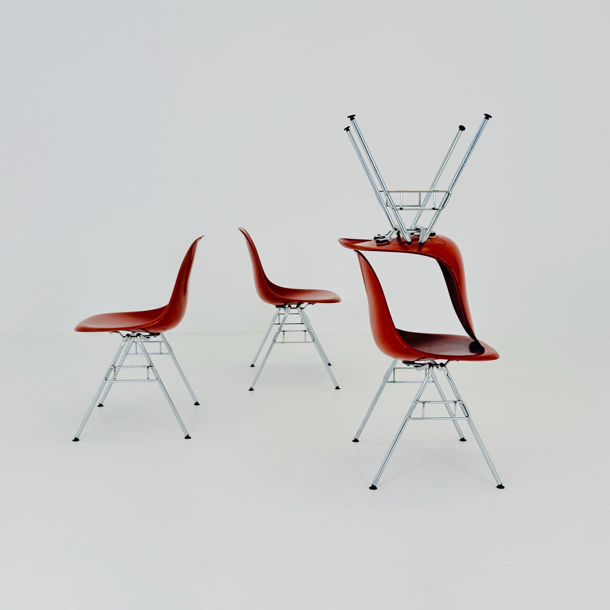 Set of 4 Original Herman Miller Eames DSS Fiberglass Chairs, Coral Orange, 1970s