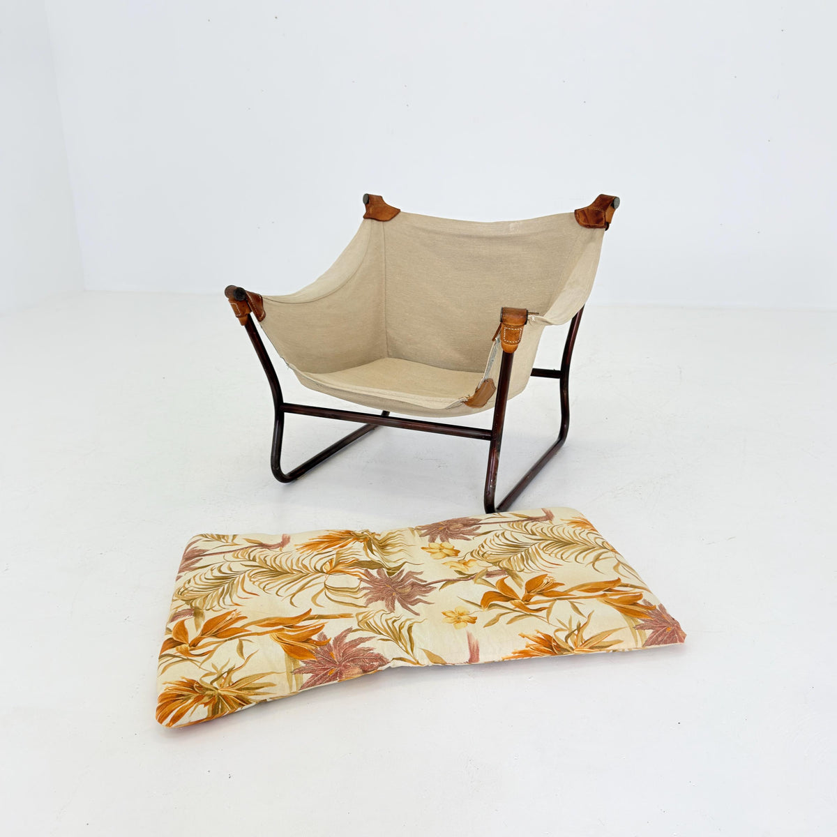Mid Century Scandinavian Tormod Alnaes Trega Lounge Chair, 1970s Norwegian Design, Vintage Canvas & Floral Fabric Armchair,