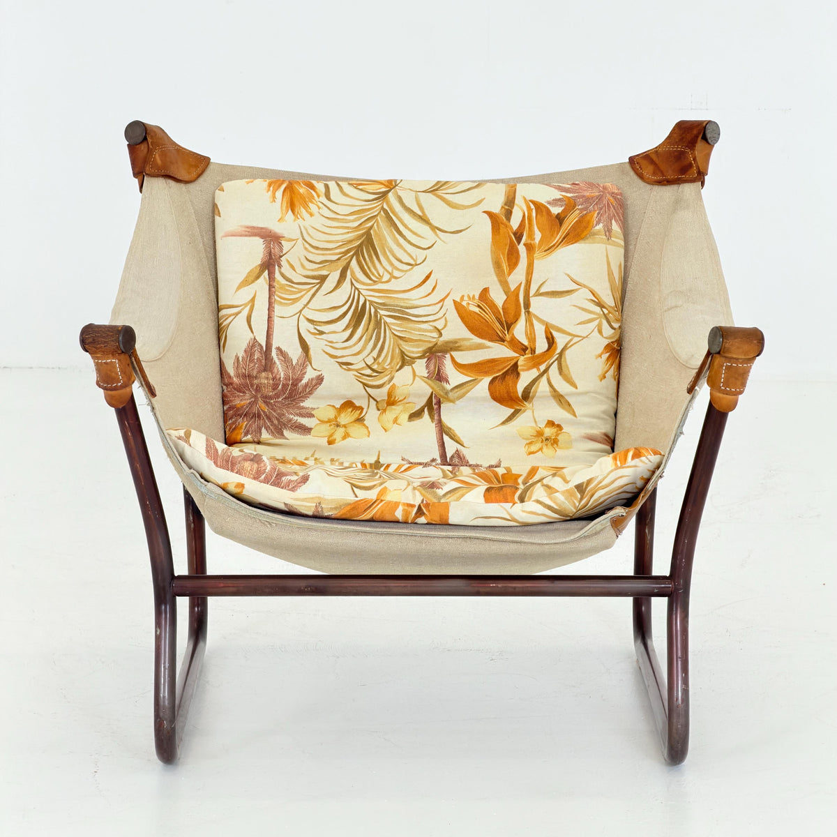 Mid Century Scandinavian Tormod Alnaes Trega Lounge Chair, 1970s Norwegian Design, Vintage Canvas & Floral Fabric Armchair,