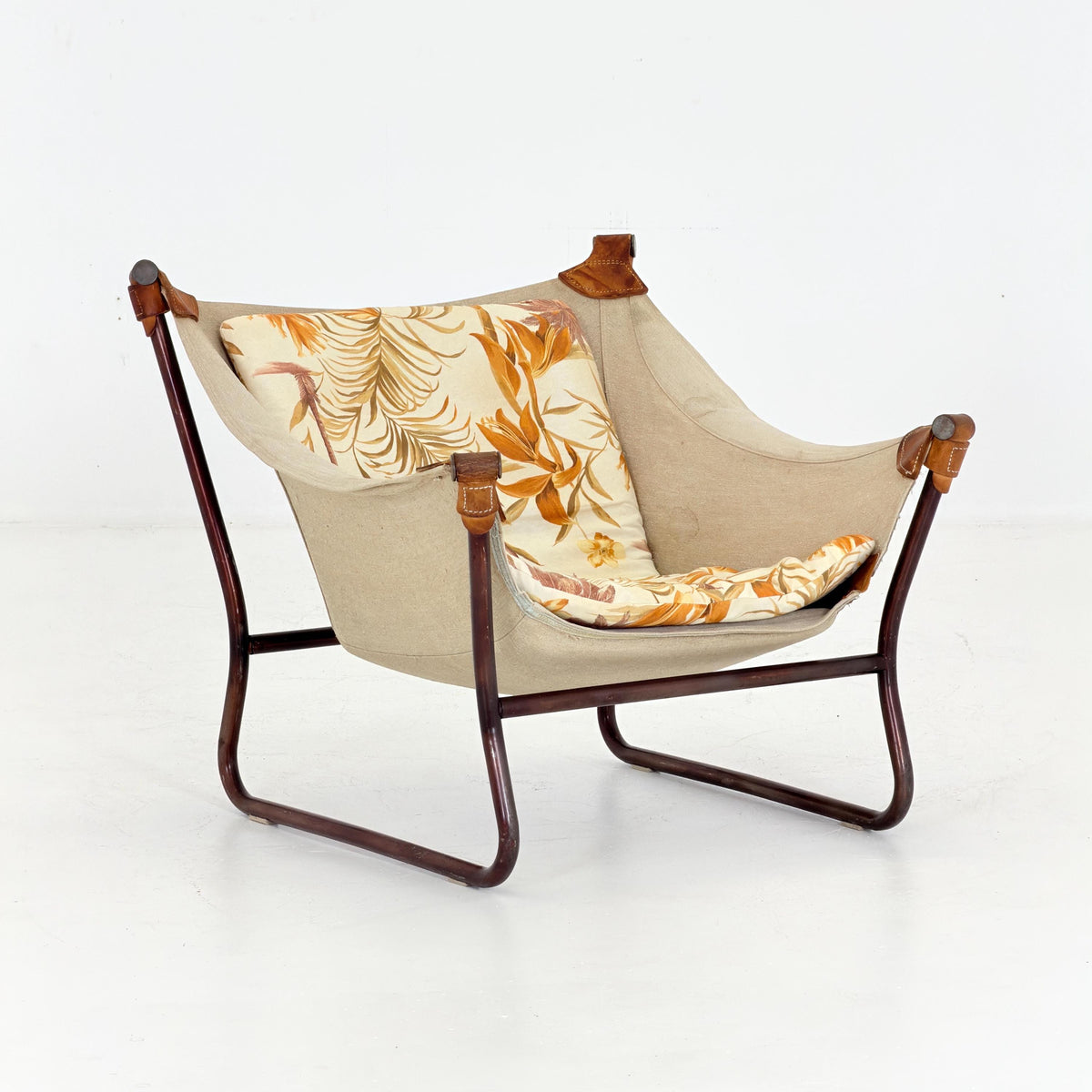 Mid Century Scandinavian Tormod Alnaes Trega Lounge Chair, 1970s Norwegian Design, Vintage Canvas & Floral Fabric Armchair,