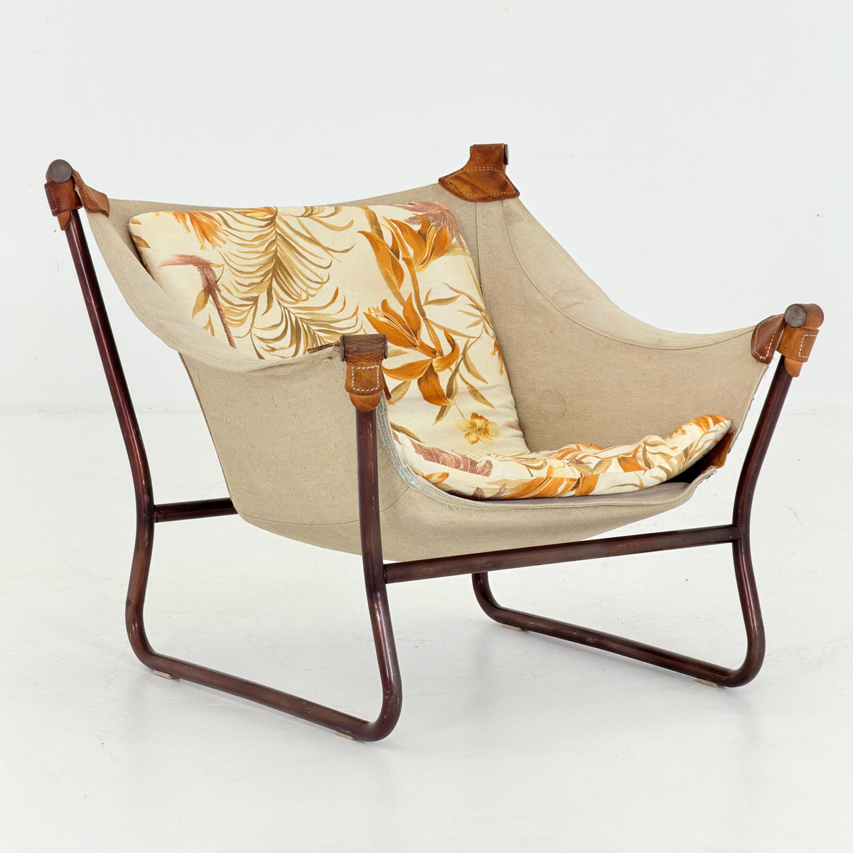 Mid Century Scandinavian Tormod Alnaes Trega Lounge Chair, 1970s Norwegian Design, Vintage Canvas & Floral Fabric Armchair,