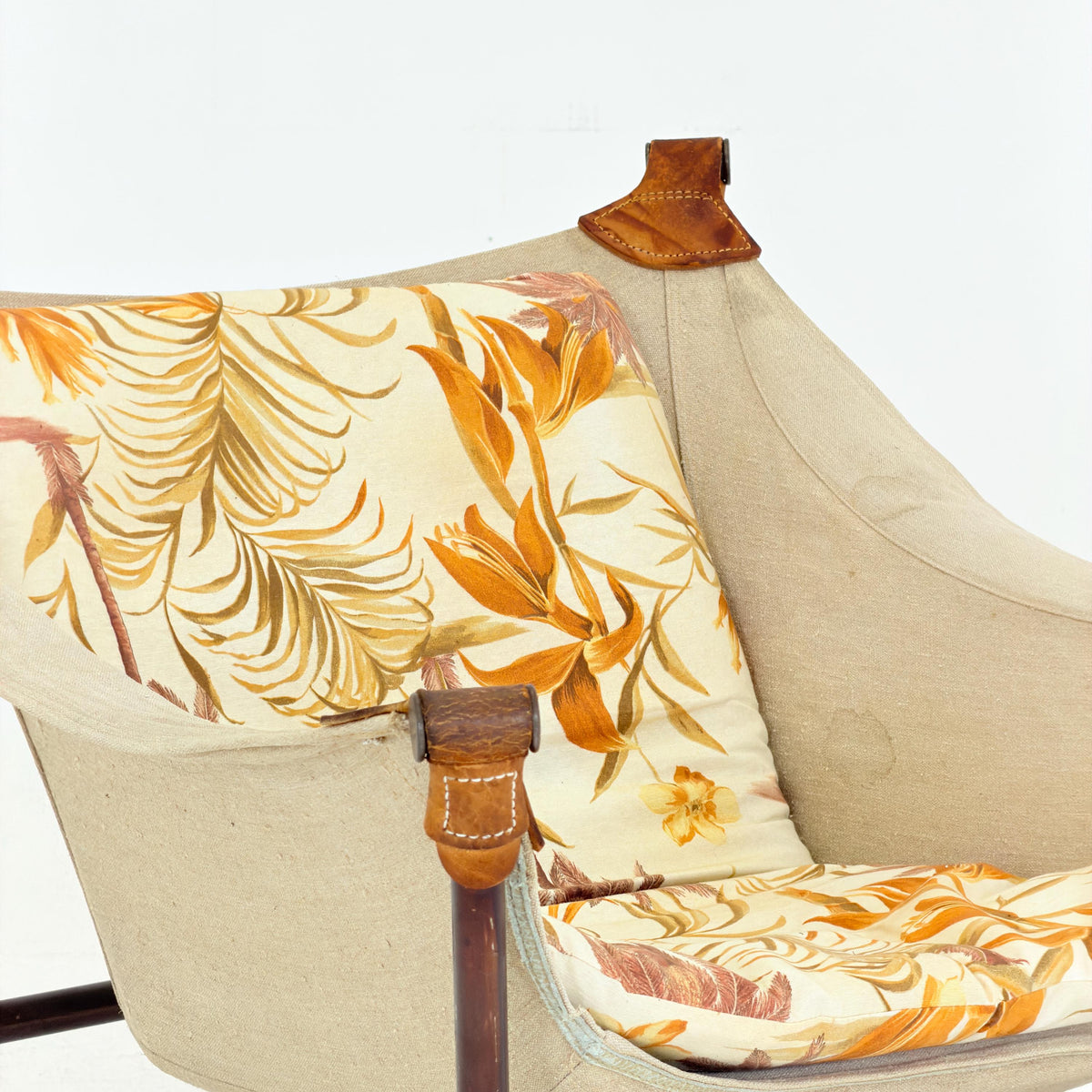 Mid Century Scandinavian Tormod Alnaes Trega Lounge Chair, 1970s Norwegian Design, Vintage Canvas & Floral Fabric Armchair,