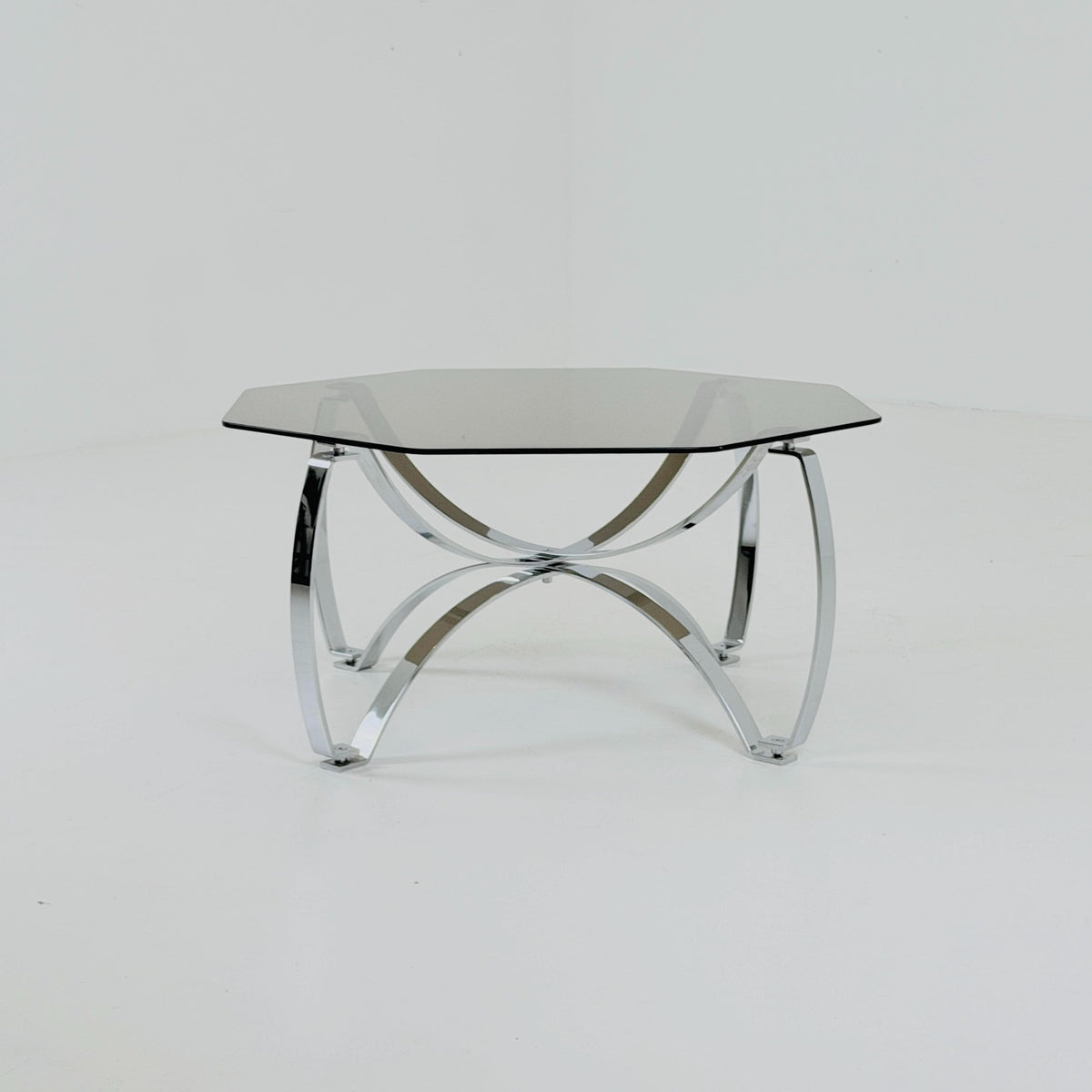 Rare Mid-Century Bauhaus Smoked Glass Coffee Table, Italian Chrome Sculptural Base, 1980s