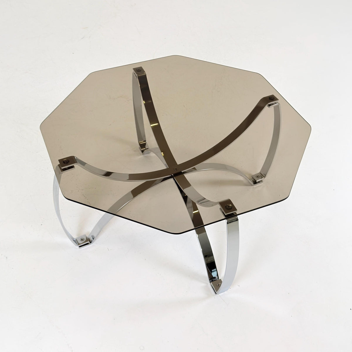 Rare Mid-Century Bauhaus Smoked Glass Coffee Table, Italian Chrome Sculptural Base, 1980s