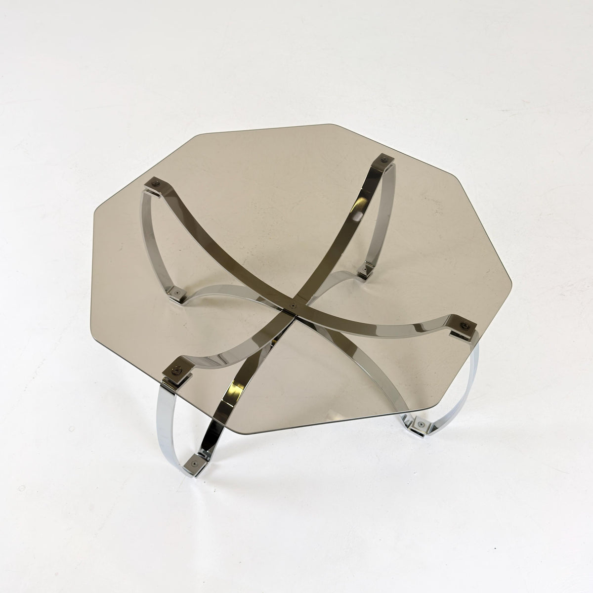 Rare Mid-Century Bauhaus Smoked Glass Coffee Table, Italian Chrome Sculptural Base, 1980s