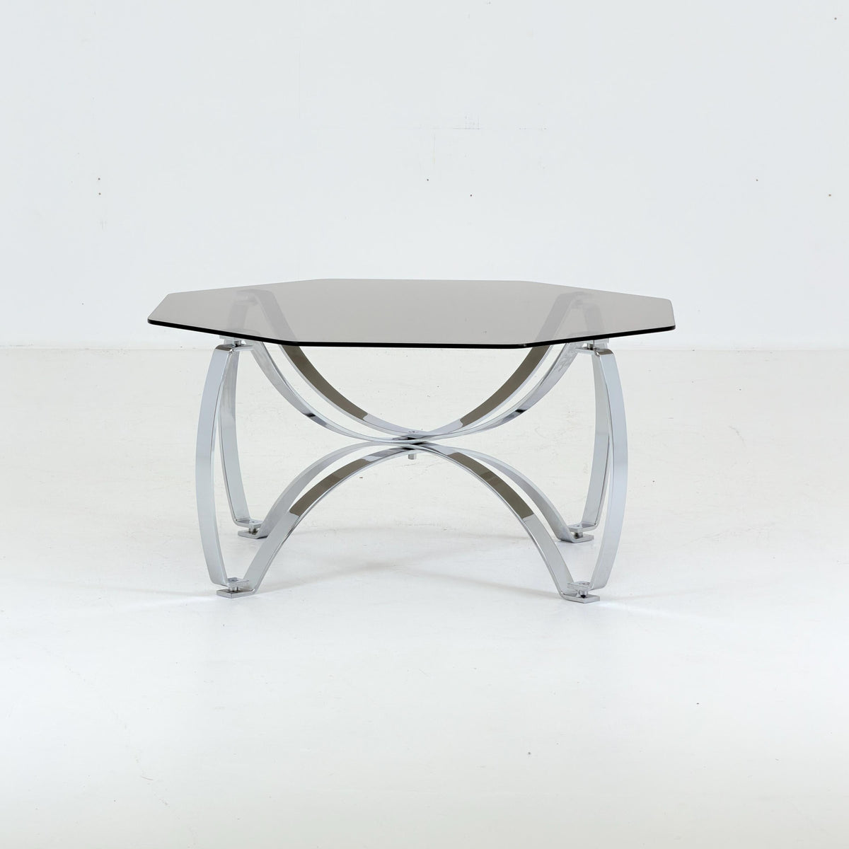 Rare Mid-Century Bauhaus Smoked Glass Coffee Table, Italian Chrome Sculptural Base, 1980s