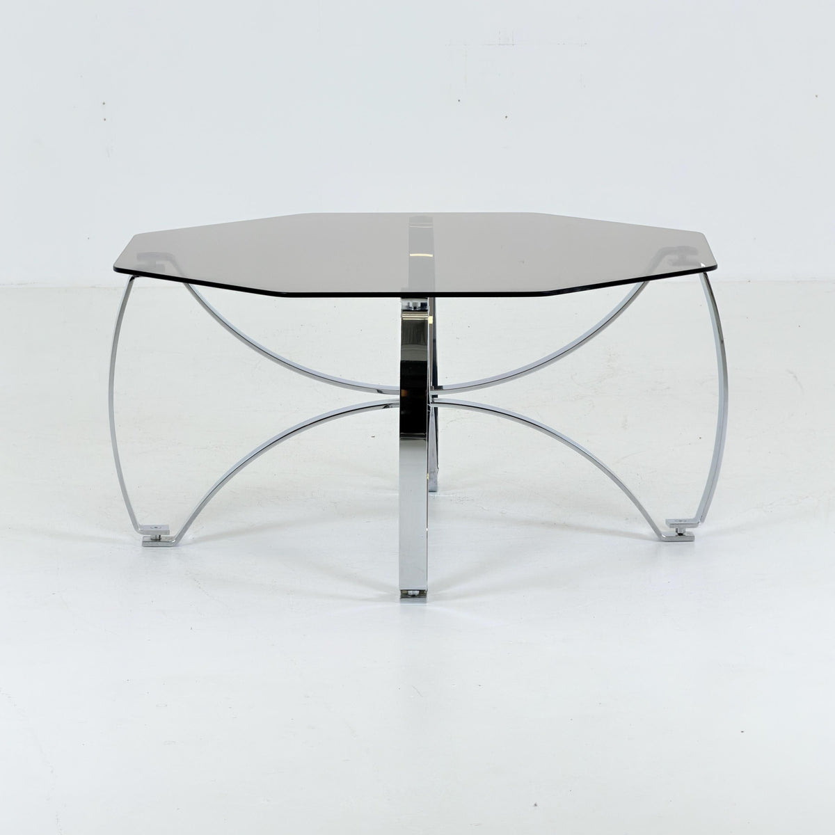 Rare Mid-Century Bauhaus Smoked Glass Coffee Table, Italian Chrome Sculptural Base, 1980s