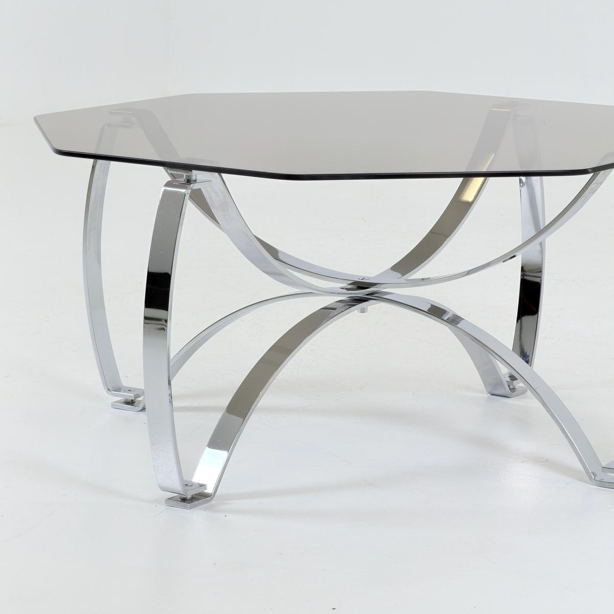 Rare Mid-Century Bauhaus Smoked Glass Coffee Table, Italian Chrome Sculptural Base, 1980s