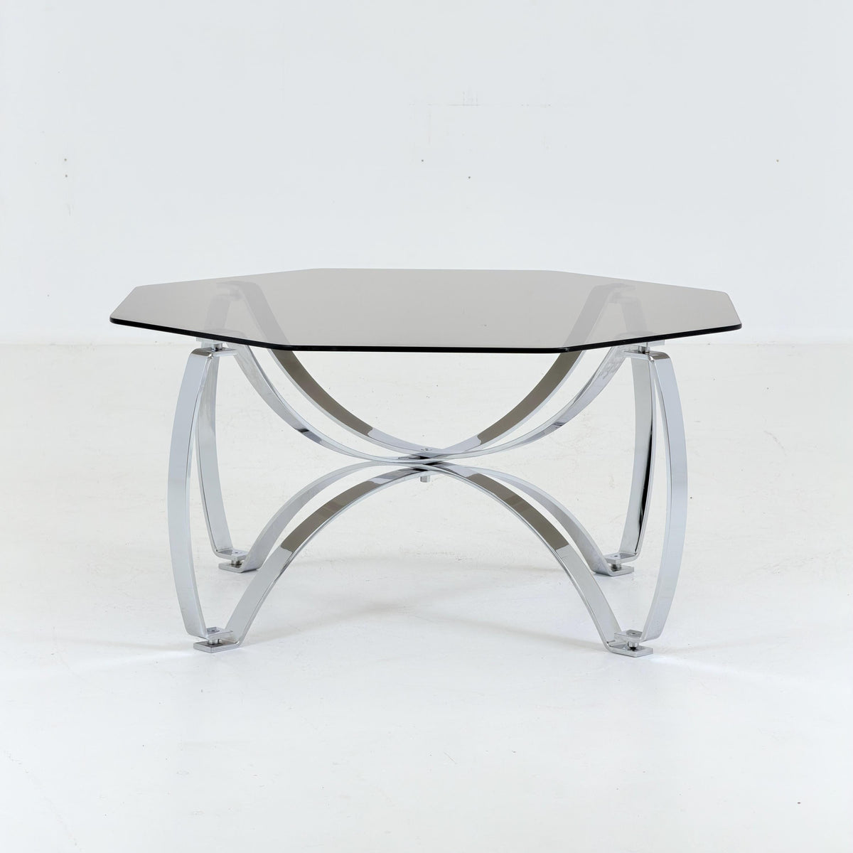 Rare Mid-Century Bauhaus Smoked Glass Coffee Table, Italian Chrome Sculptural Base, 1980s