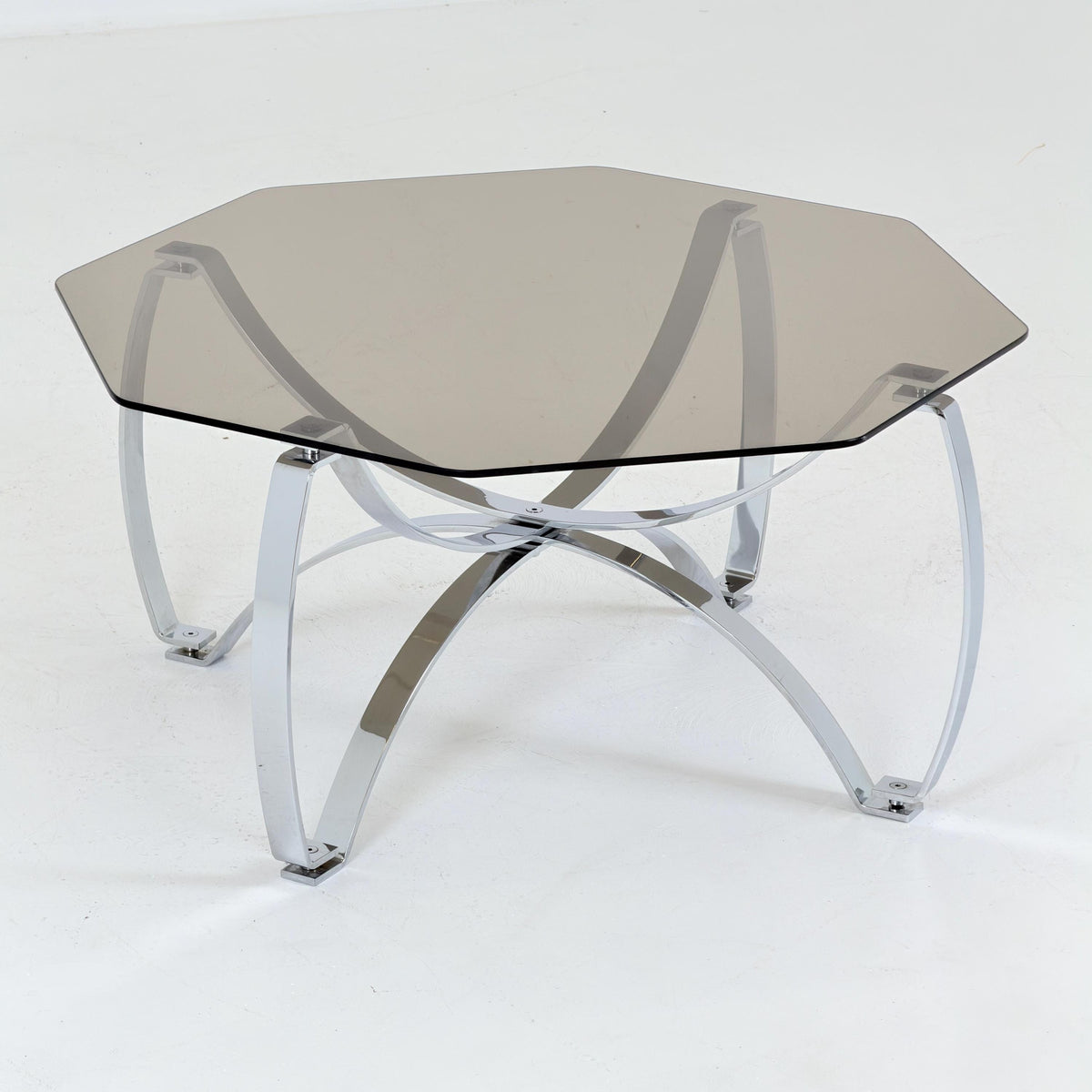 Rare Mid-Century Bauhaus Smoked Glass Coffee Table, Italian Chrome Sculptural Base, 1980s