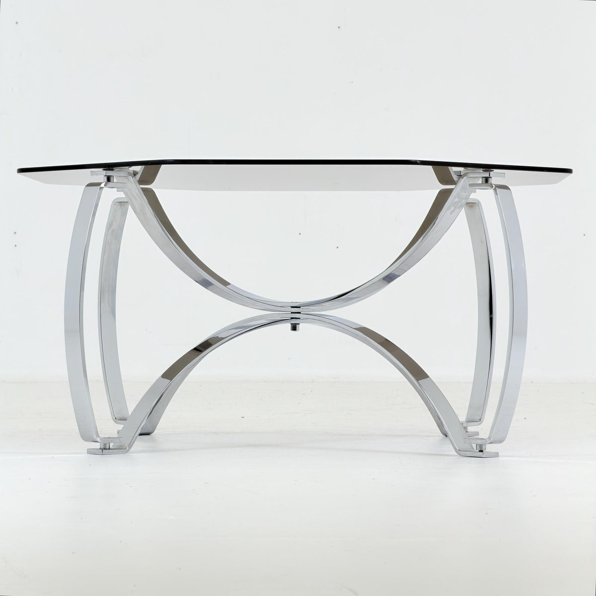 Rare Mid-Century Bauhaus Smoked Glass Coffee Table, Italian Chrome Sculptural Base, 1980s
