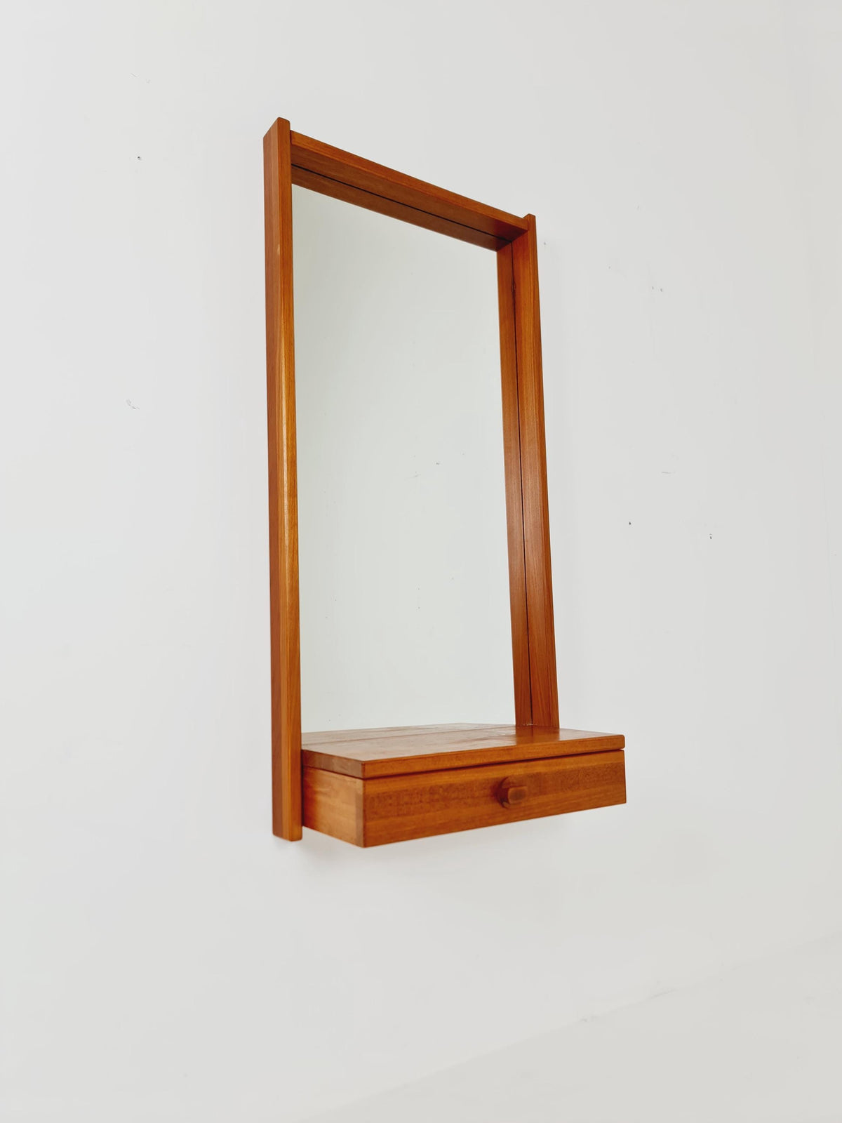 Mid Century Danish Solid Teak Wall Mirror with Drawer BY Roni Sunds For A/S Möbelfabrik , 1960s