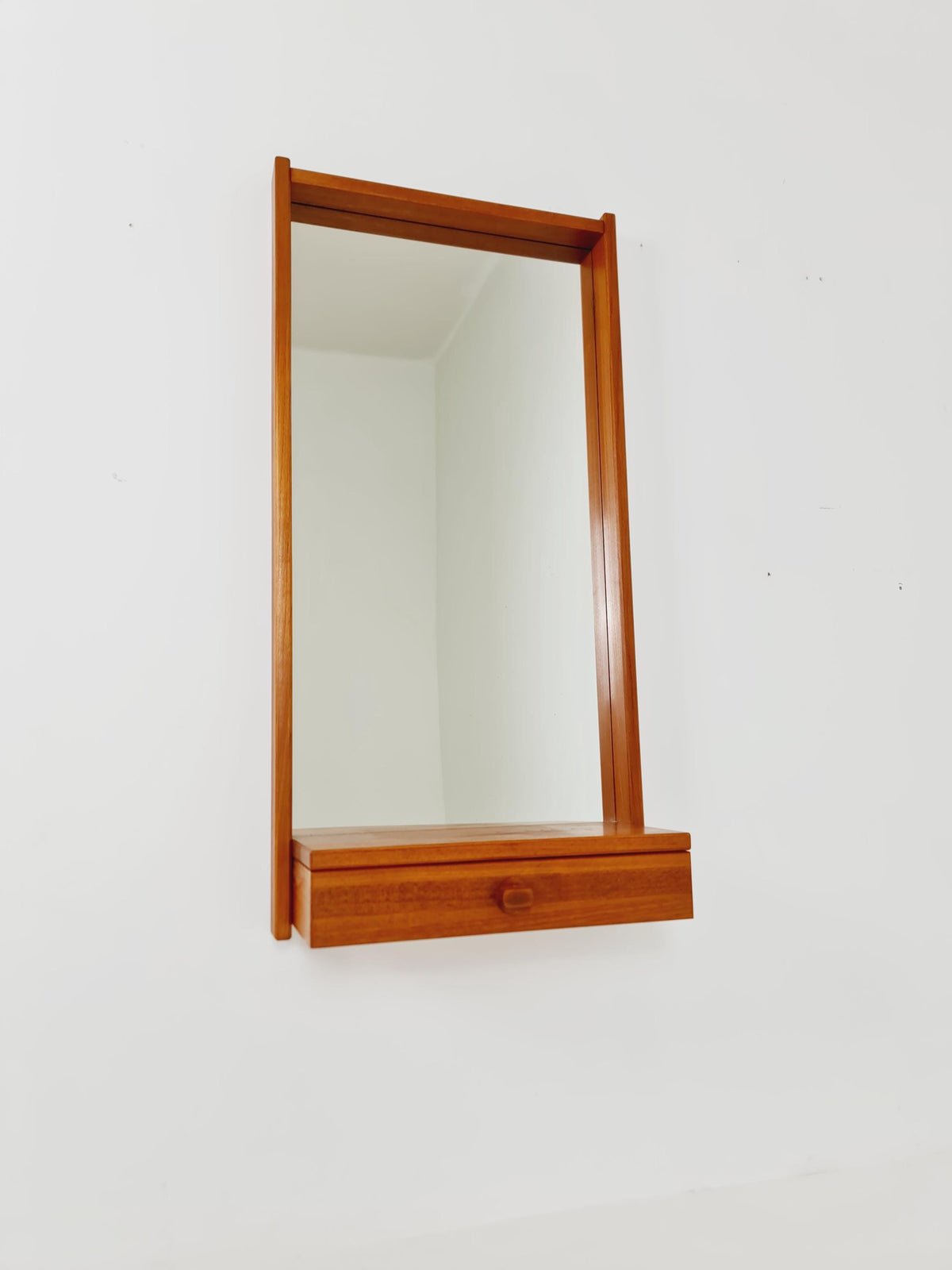 Mid Century Danish Solid Teak Wall Mirror with Drawer BY Roni Sunds For A/S Möbelfabrik , 1960s