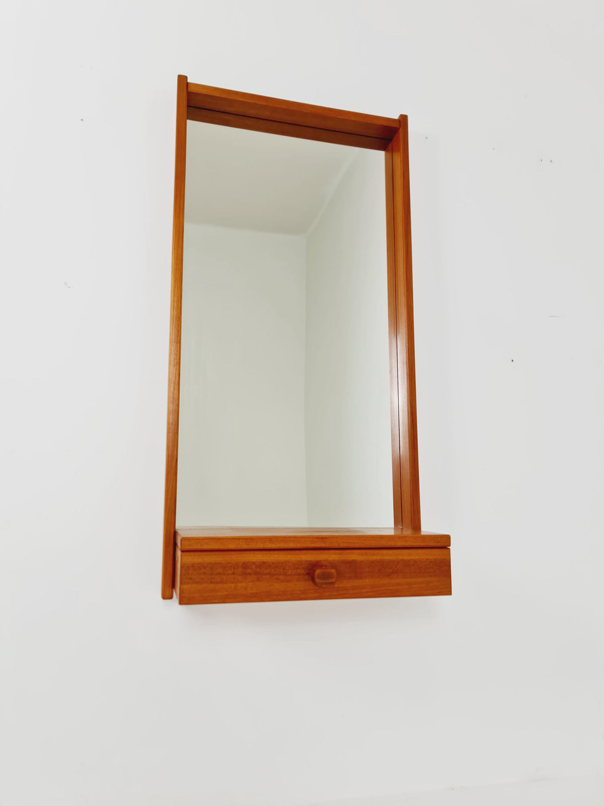 Mid Century Danish Solid Teak Wall Mirror with Drawer BY Roni Sunds For A/S Möbelfabrik , 1960s