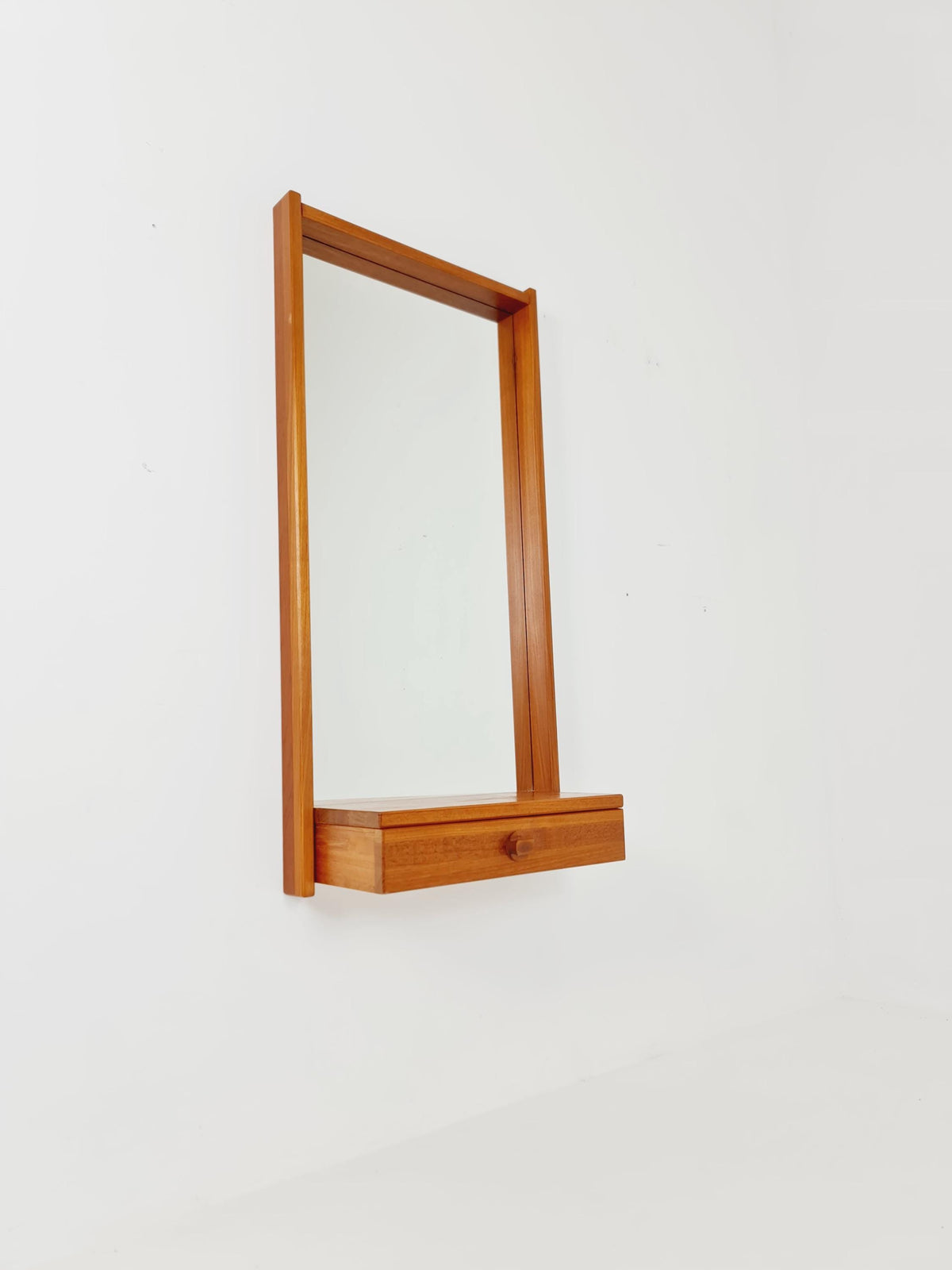 Mid Century Danish Solid Teak Wall Mirror with Drawer BY Roni Sunds For A/S Möbelfabrik , 1960s