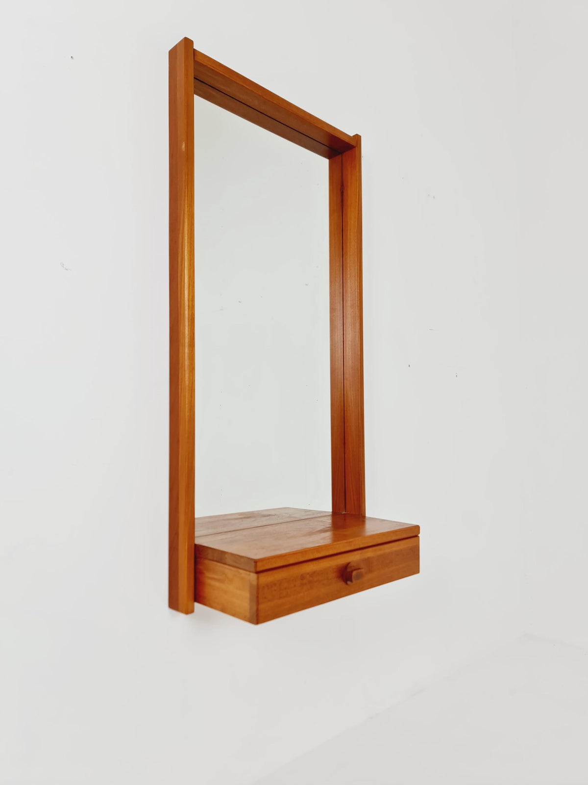 Mid Century Danish Solid Teak Wall Mirror with Drawer BY Roni Sunds For A/S Möbelfabrik , 1960s