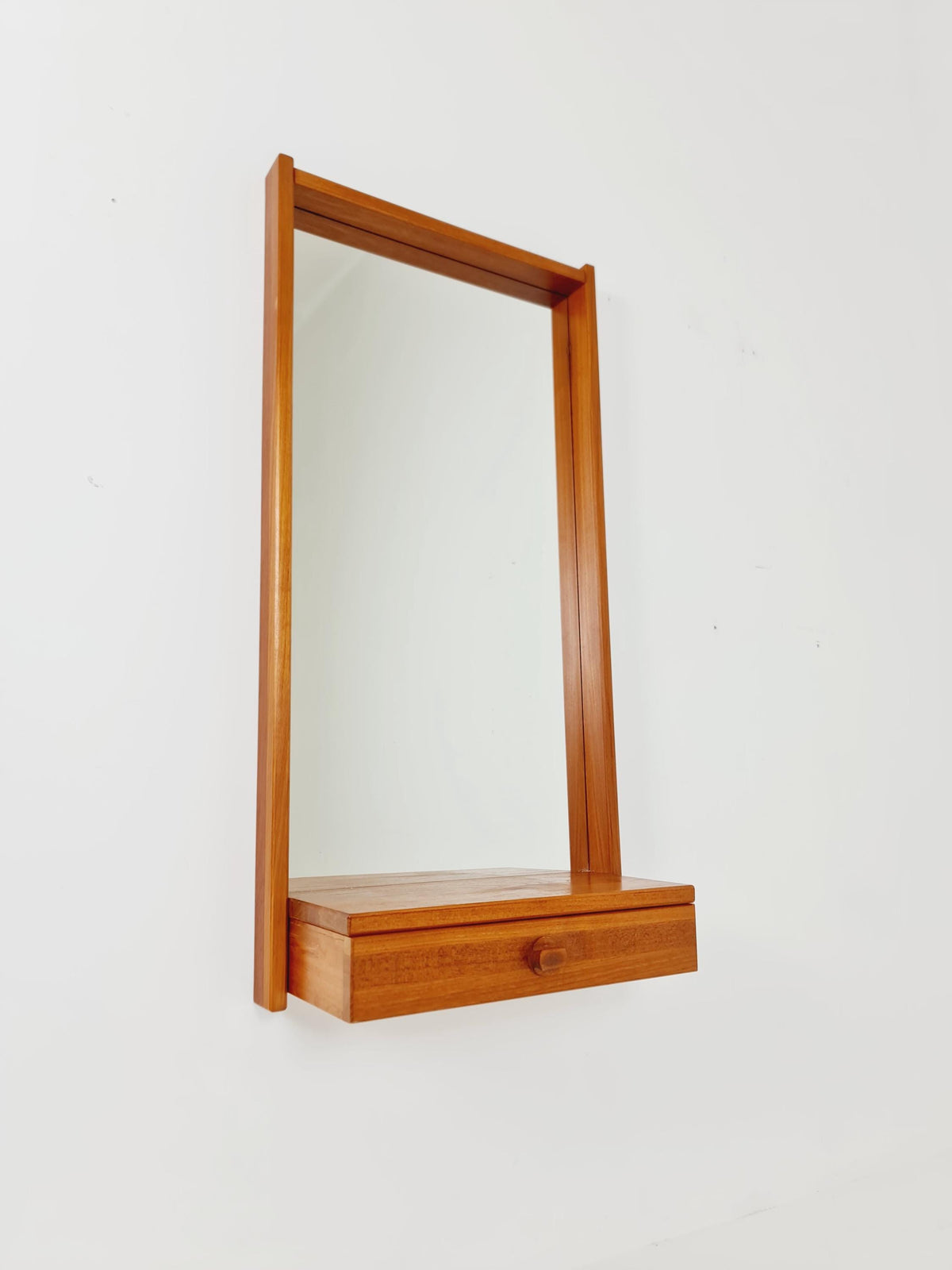 Mid Century Danish Solid Teak Wall Mirror with Drawer BY Roni Sunds For A/S Möbelfabrik , 1960s