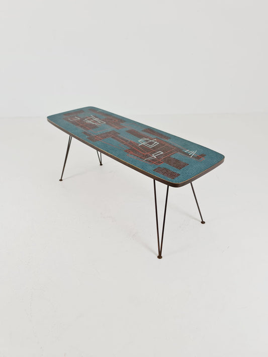 Unique mosaic & solid brass coffee table by Berthold Muller, 1950s