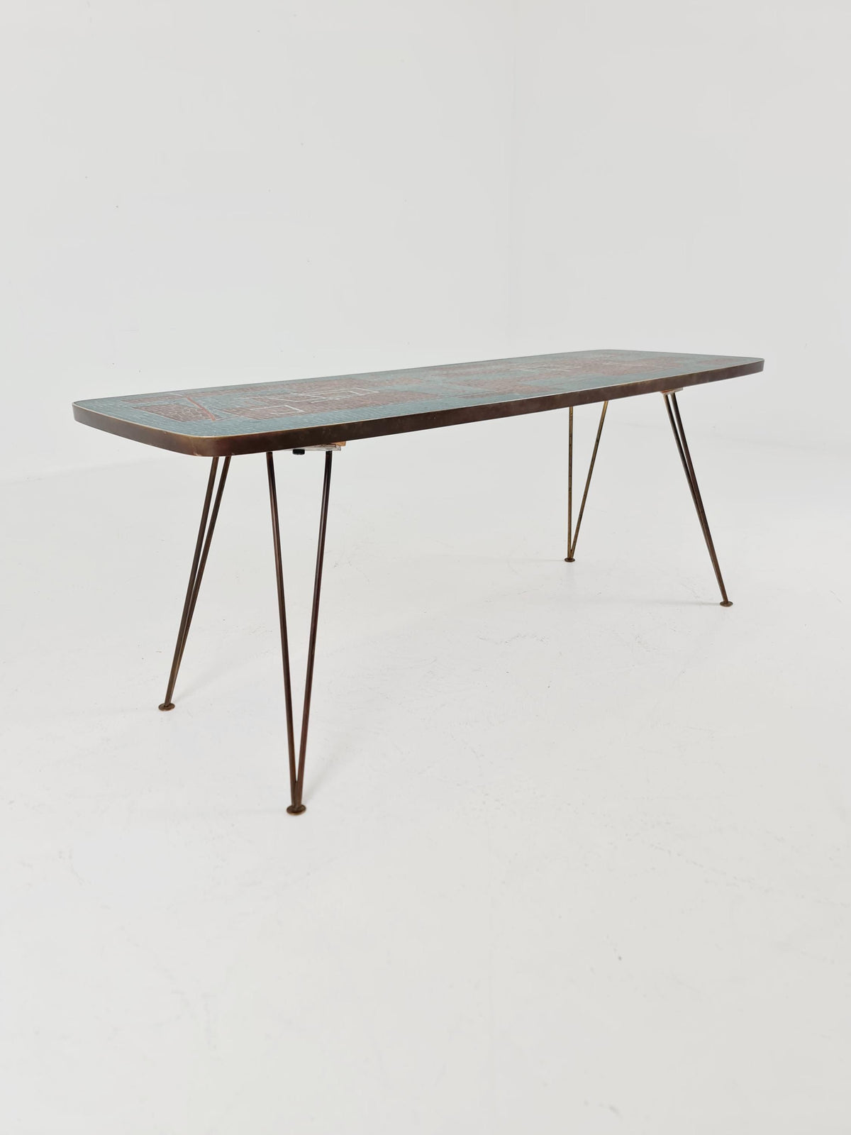 Unique mosaic & solid brass coffee table by Berthold Muller, 1950s