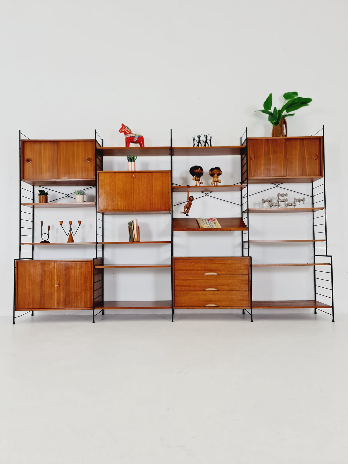 Mid century String shelf-system, bookcase with 3 cabinet and show case walnut wood by WHB Germany, 1950s