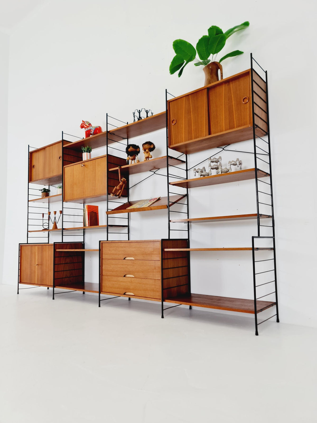 Mid century String shelf-system, bookcase with 3 cabinet and show case walnut wood by WHB Germany, 1950s