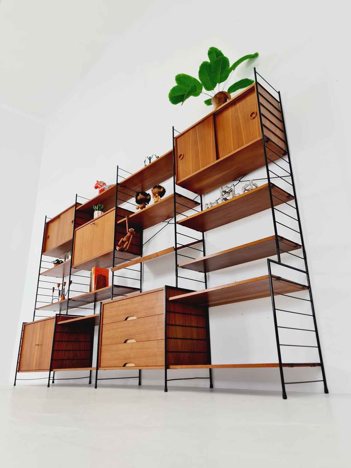 Mid century String shelf-system, bookcase with 3 cabinet and show case walnut wood by WHB Germany, 1950s