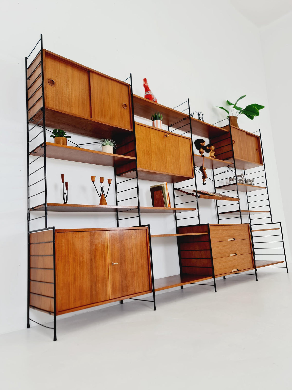 Mid century String shelf-system, bookcase with 3 cabinet and show case walnut wood by WHB Germany, 1950s