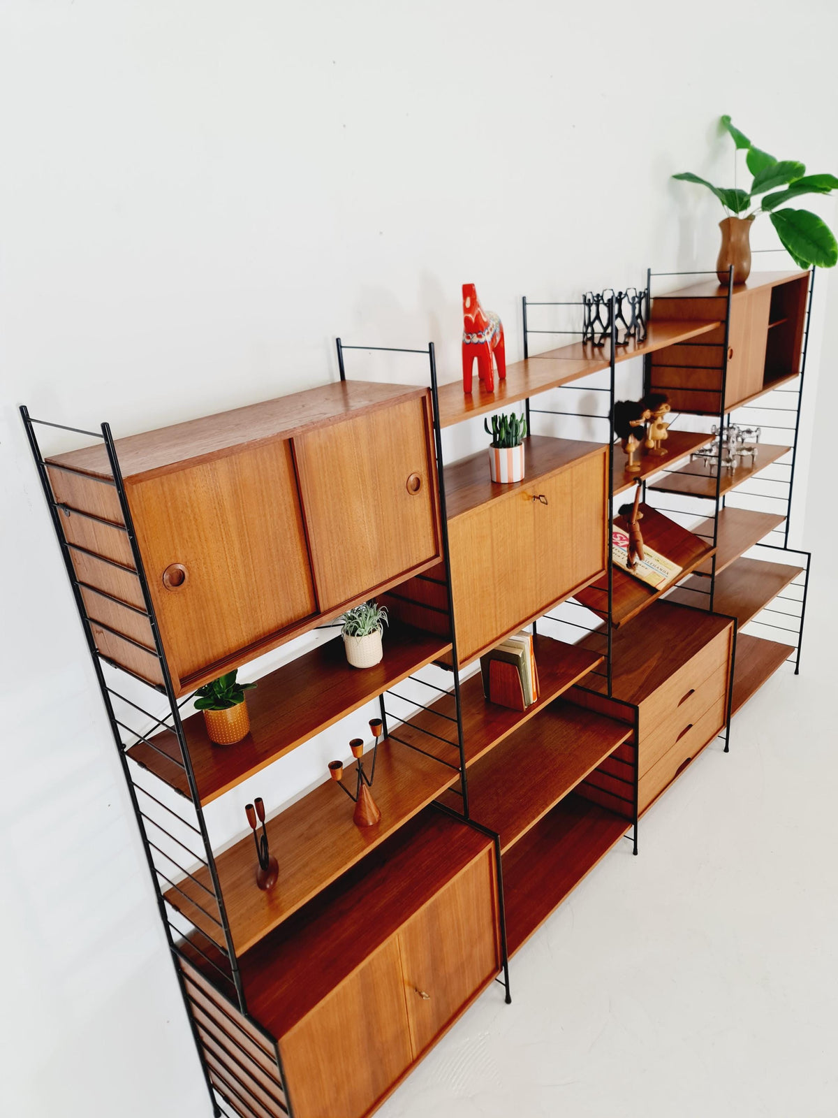 Mid century String shelf-system, bookcase with 3 cabinet and show case walnut wood by WHB Germany, 1950s