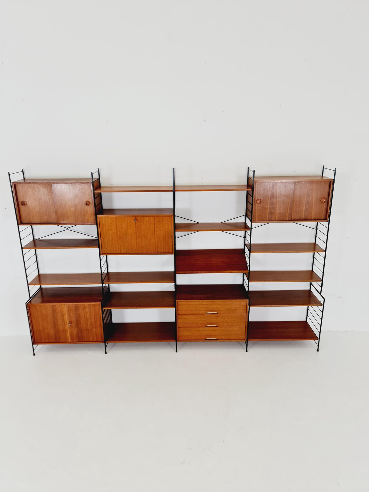 Mid century String shelf-system, bookcase with 3 cabinet and show case walnut wood by WHB Germany, 1950s